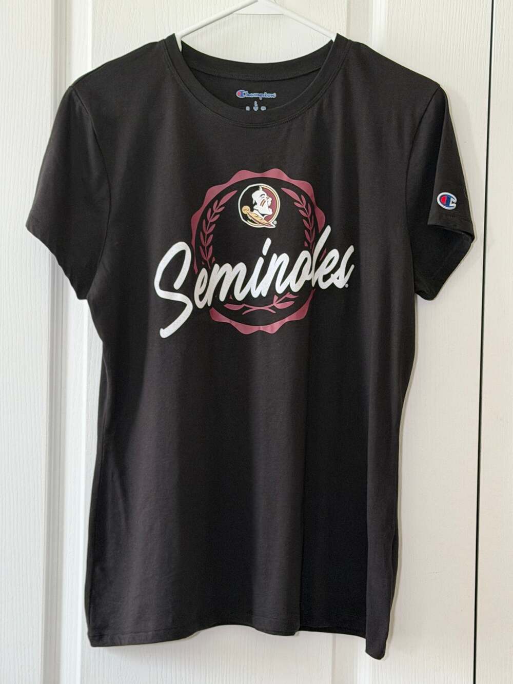 Champion FSU Florida State Seminoles Women's Black T-Shirt Script Logo Sz Large
